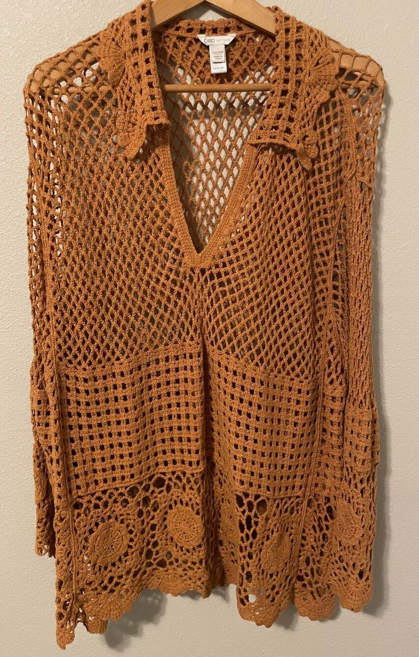 Cato Tunic Womens 22W 24W Brown Orange Rust Crochet Open Knit Boho Festival Boho